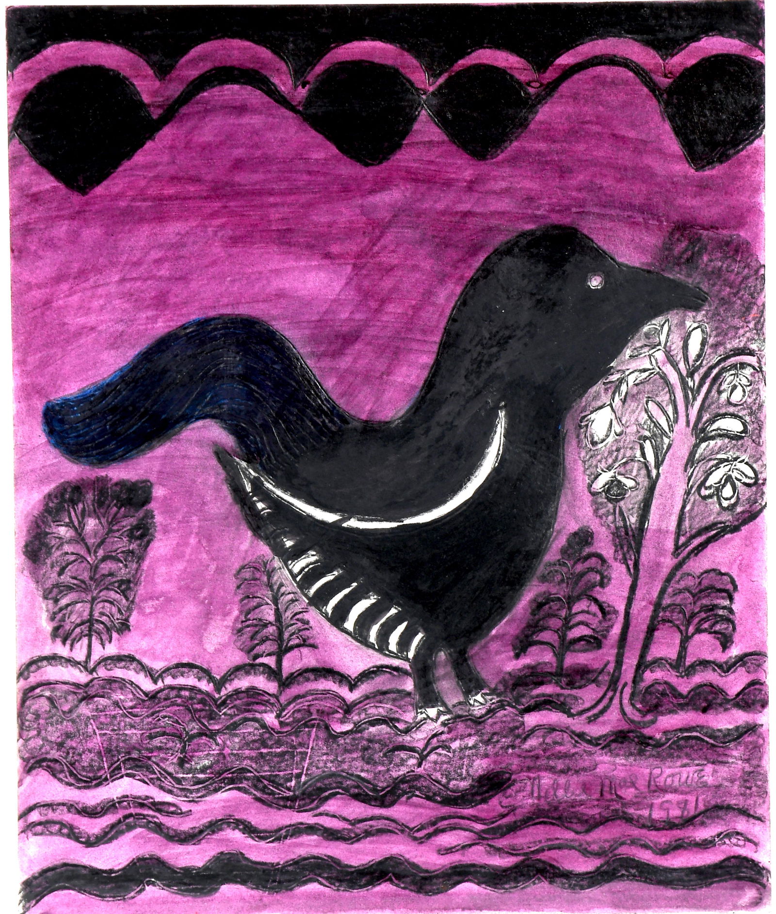 Nellie Mae Rowe. Black Bird On Purple Background. (1 of 9)