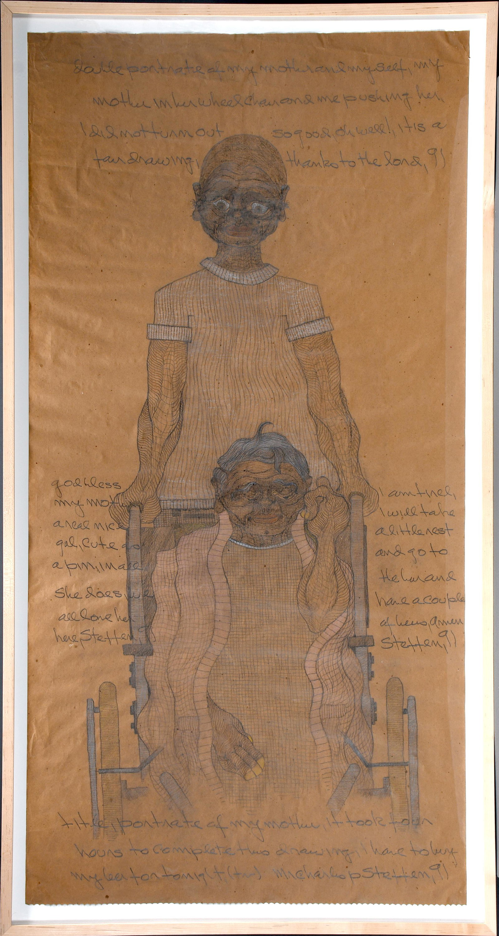 Charles Steffen. Portrait Of My Mother.: Charles Steffen. Portrait Of My Mother. 1991. Signed, dated and titled. Colored pencil on brown paper bag. Minor wave in paper, otherwise, excellent condition. Image is 30" w x 59" h. Frame is 34" w x