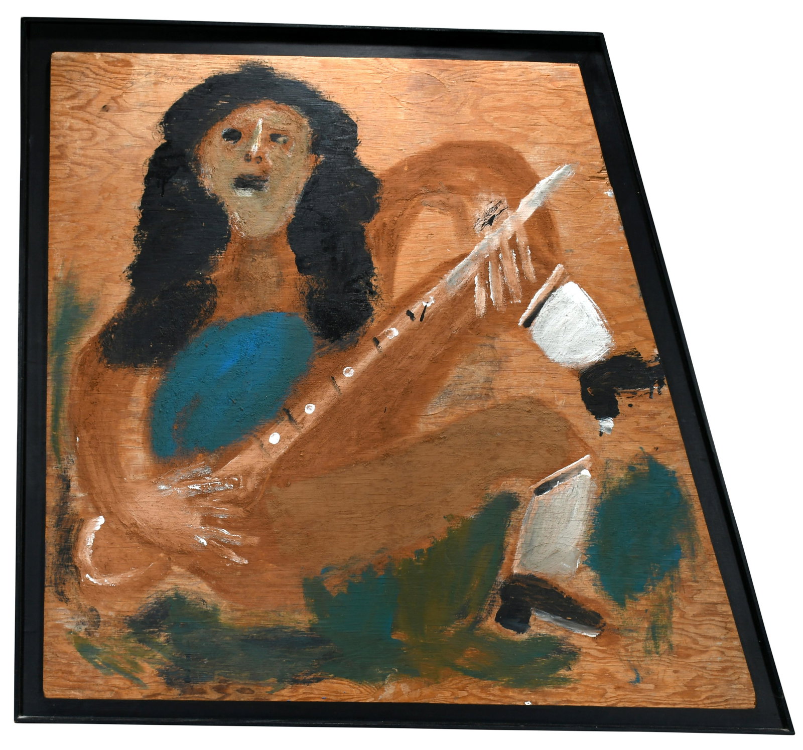Jimmy Lee Sudduth. Guitar Girl.: Jimmy Lee Sudduth. Guitar Girl. Signed. Paint and mud on irregular shaped found board. Excellent condition. Size with frame is 49" w x 44" h. Est. $1,000-2,000. Buyer is responsible for shipping.