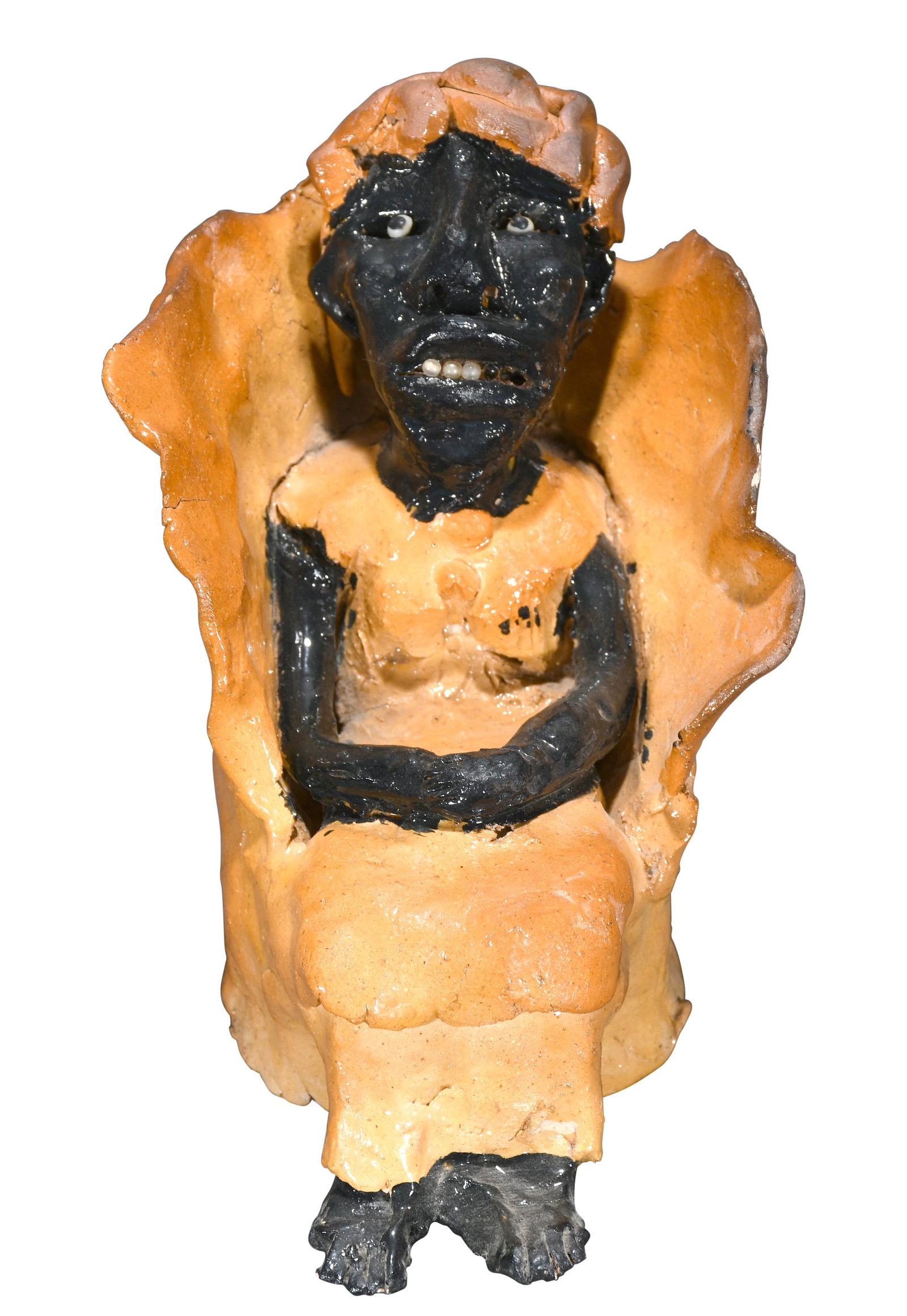 Bessie Harvey. Woman Seated In Chair.: Bessie Harvey. Woman Seated In Chair. 1991. Signed and dated. Molded and painted clay with costume pearl teeth. Missing three pearls, otherwise great condition. 6" h. Est. $500-800. Ship: $45