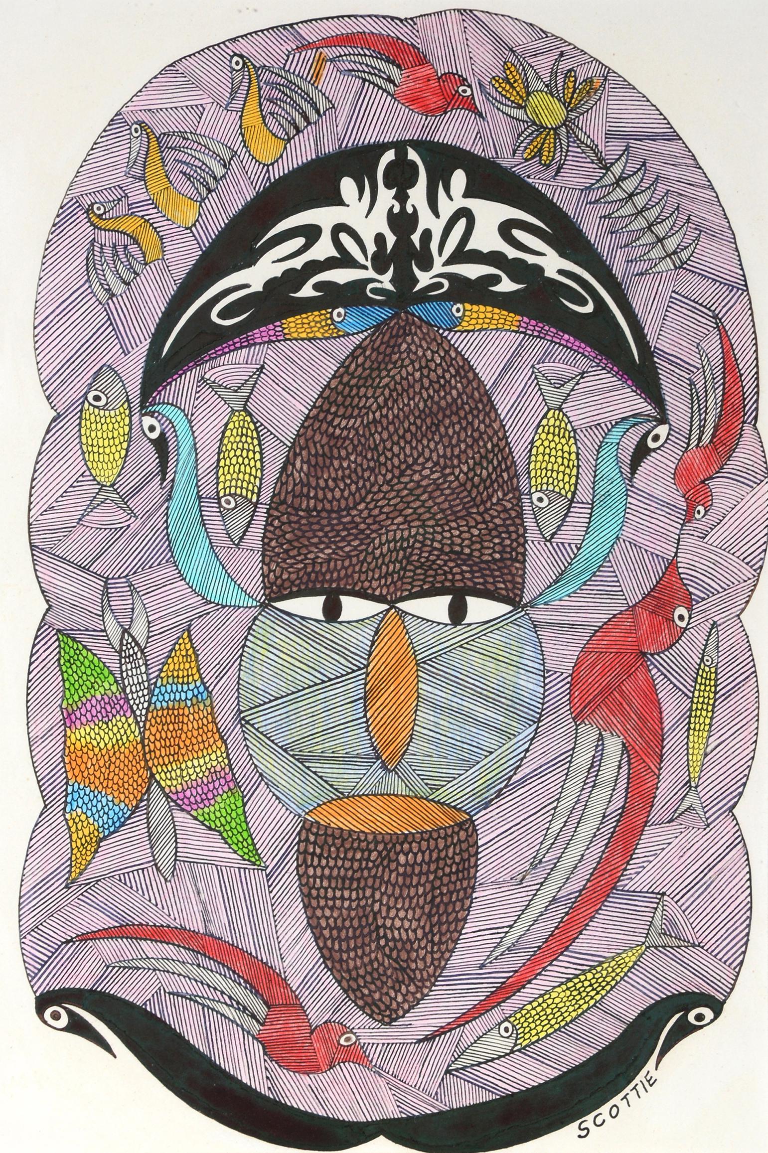 Scottie Wilson. Face With Red Birds & Black Swans. (1 of 6)