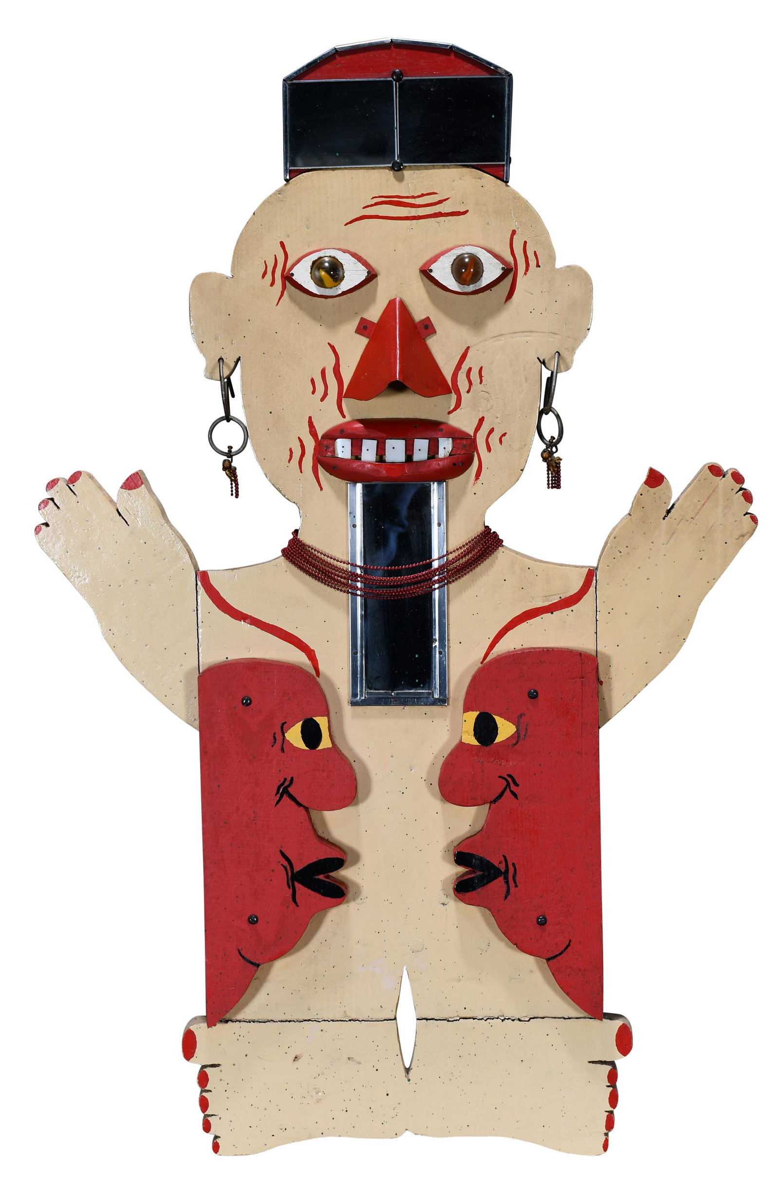 Anonymous. Idol.: Anonymous. Idol. Possibly from Green Bay, WI. Not signed or dated. Painted wood, mirror, metal, and beads construction. Minor shrinkage at joints otherwise great condition. 24" w x 36" h. Provenance: 