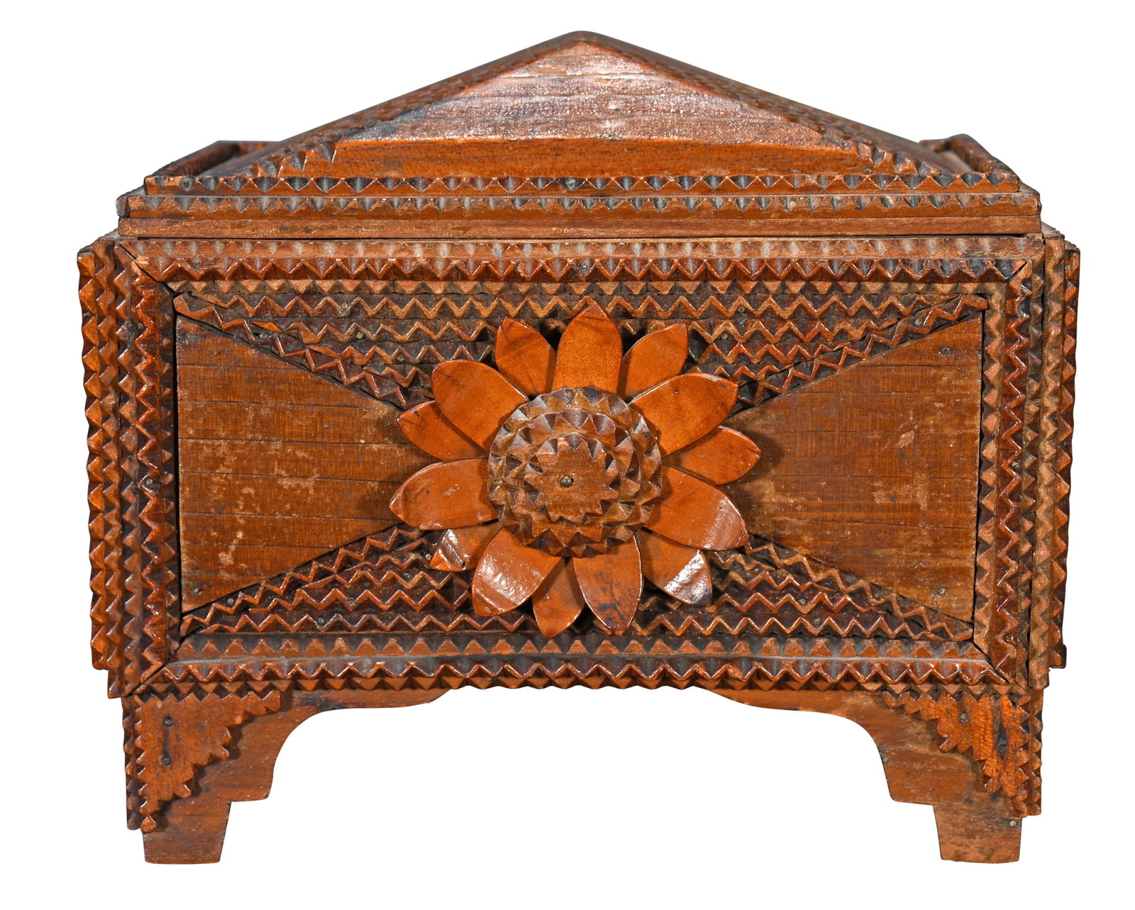 Tramp Art With Flower Embellishments.: Anonymous. Tramp Art With Black-Eyed Susan Flower Embellishments. Chip carved and stained wood. Excellent condition, 9" w x 7" h x 6" d. Provenance: The Russell and Barbara Bowman Collection. Est. $30