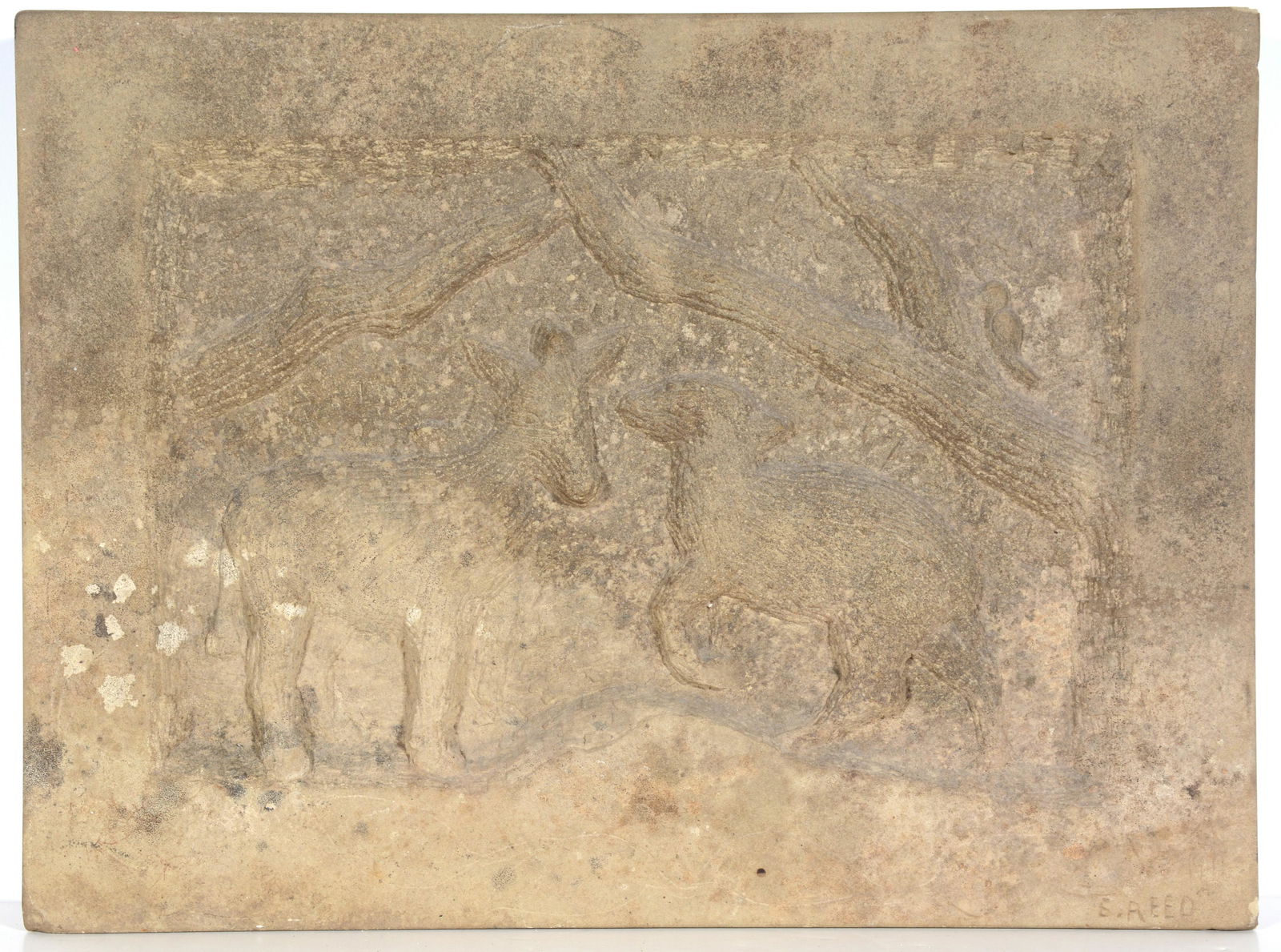 Popeye Reed. Deer With Fawn Carved Stone Plaque. (1 of 6)