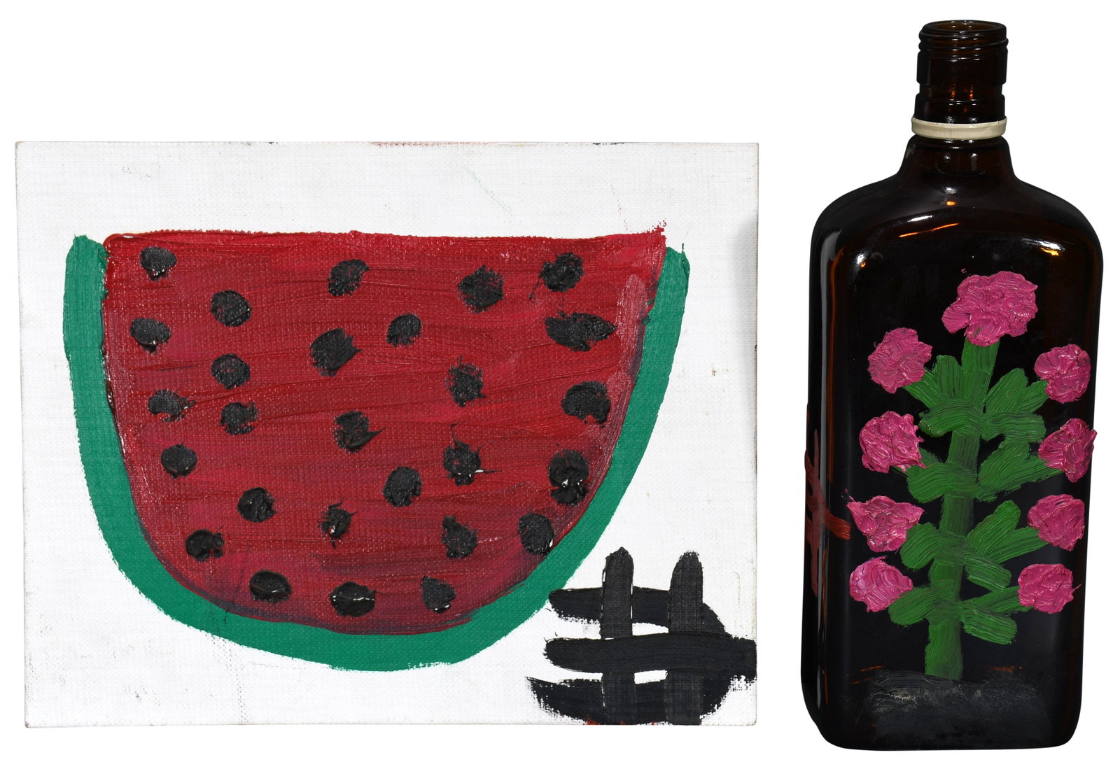 Clementine Hunter. Watermelon & Painted Wine Bottle.: Clementine Hunter. Watermelon and Painted Wine Bottle. c. 1987. Monogramed. Oil on canvas panel and found glass bottle. Excellent condition. 10" x 8". Authenticated by Tom Whitehead. Est. $800-1,200. 