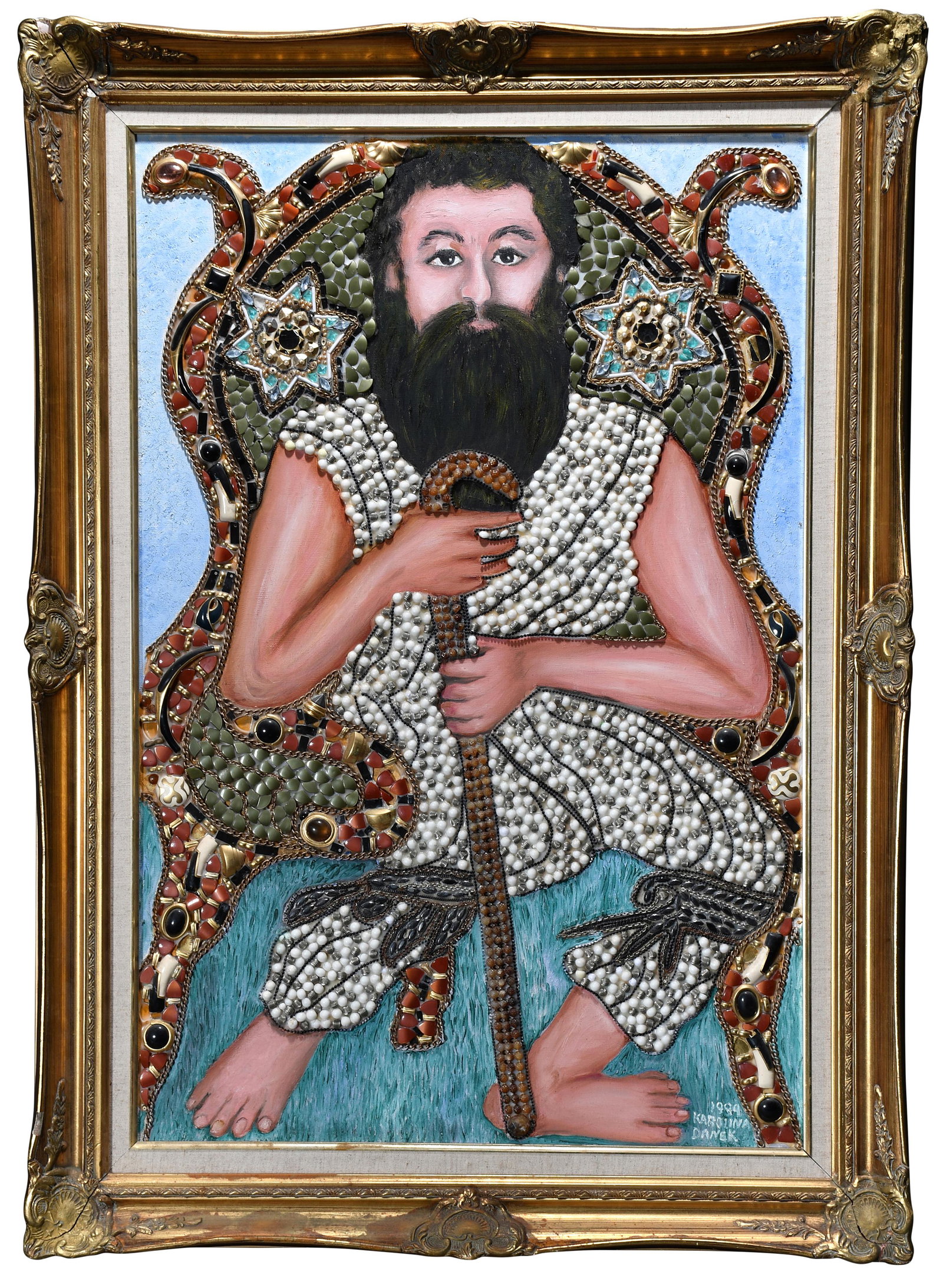 Karolina Danek. Moses.: Karolina Danek. Moses. 1989. Signed and dated. Paint and heavily bejeweled on canvas. Excellent condition. Image is 24" x 36". Frame is 31" x 43" and has some damage. Est. $800-1,200. Ship: $200