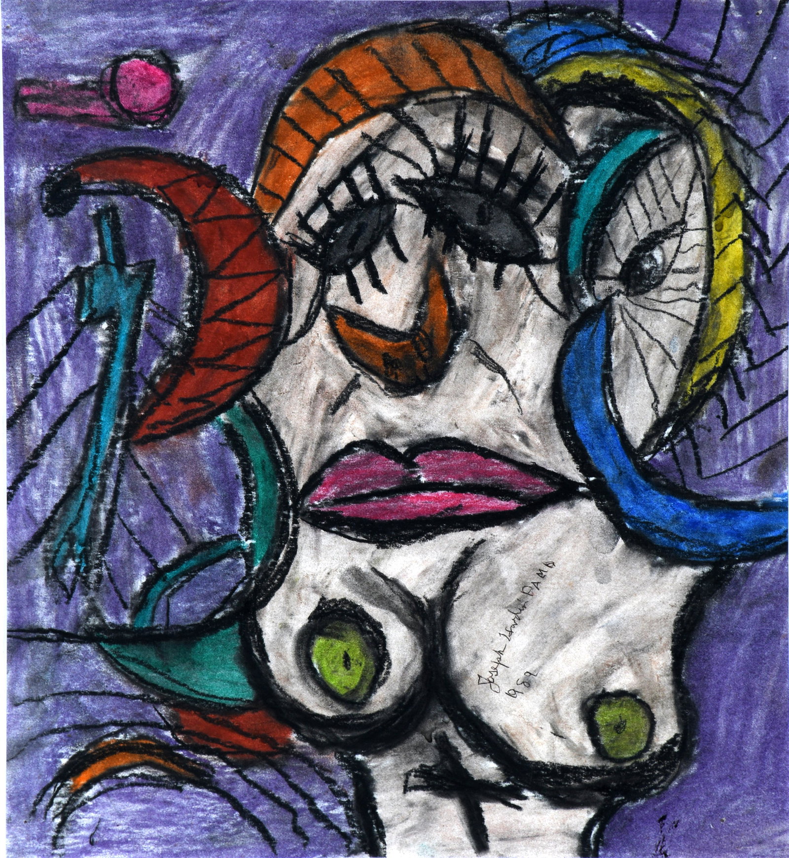 Joseph Hardin. Between The Moon And the Sun.: Joseph Hardin. Between The Moon And the Sun. 1989. Signed and dated. Crayon and charcoal on paper. Excellent condition. Image is 12" x 13.5". Frame is 16" x 32". Est. $1,000-2,000. Ship: $55