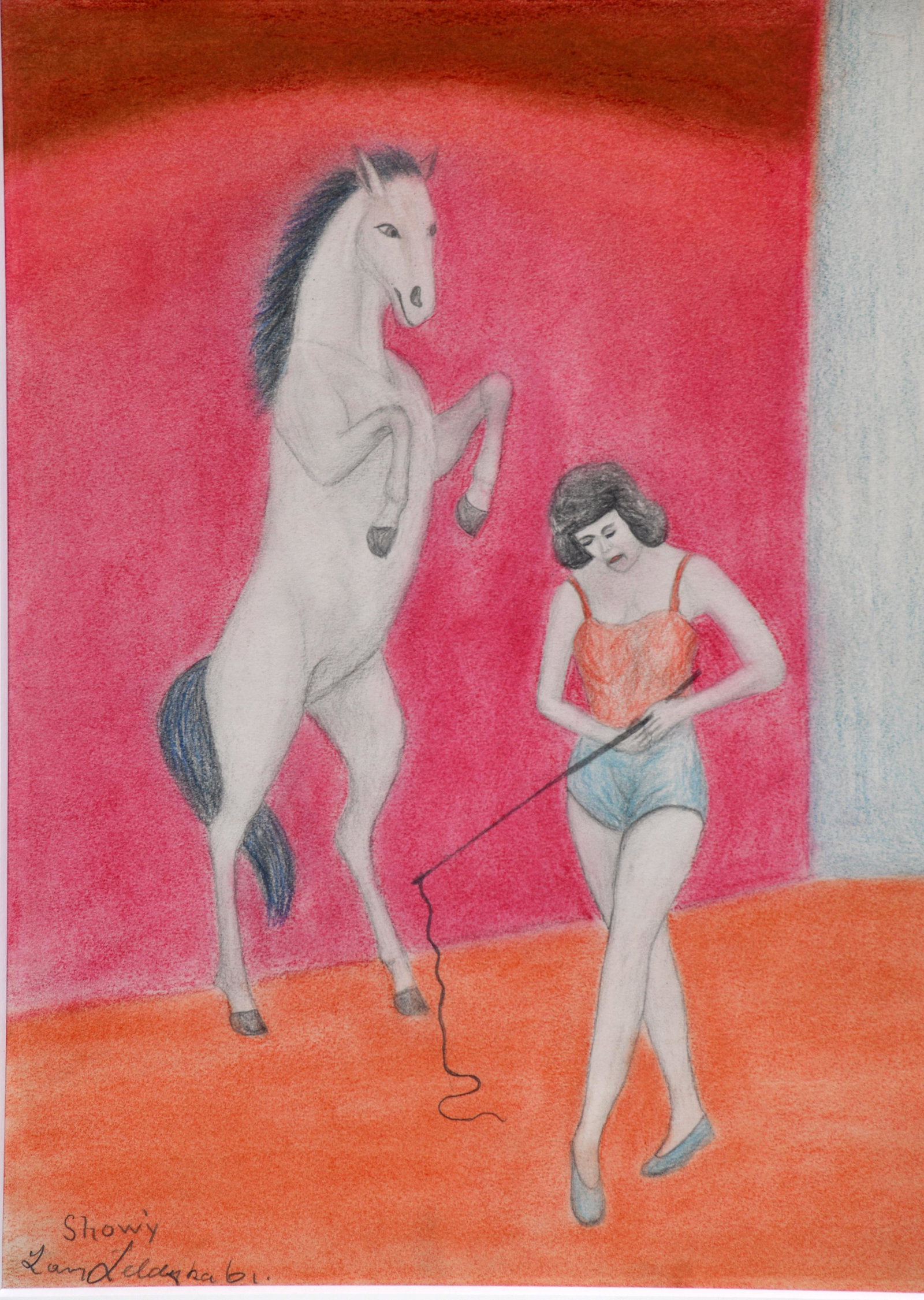 Lawrence Lebduska. Showy.: Lawrence Lebduska. Showy. 1961. Signed, dated and titled. Colored pencil and pastel on paper. Excellent condition. Image is 13" x 16.5". Frame is 19.5" x 23". Est. $800-1,200. Ship: $55