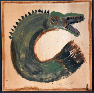 Jimmy Lee Sudduth. Gar Fish.: Jimmy Lee Sudduth. Gar Fish. Mid -1980s. Not dated. Signed. Paint and mud on board. Minor water damage lower middle, otherwise good condition. 24" x 24". Provenance: John Walsh, Chicago. Est. $200-300