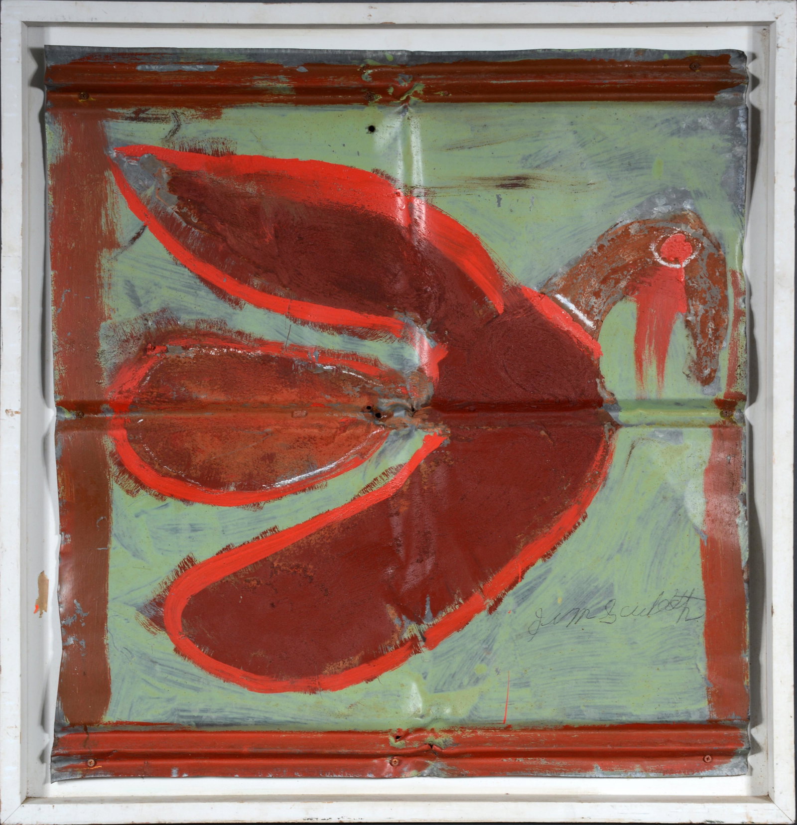 Jimmy Lee Sudduth. Bird.: Jimmy Lee Sudduth. Bird. Signed. Paint and mud on found tin. Excellent condition. 28" w x 29" h with frame. Provenance: The Gary Davenport Collection. Est. $400-800. Ship: $65