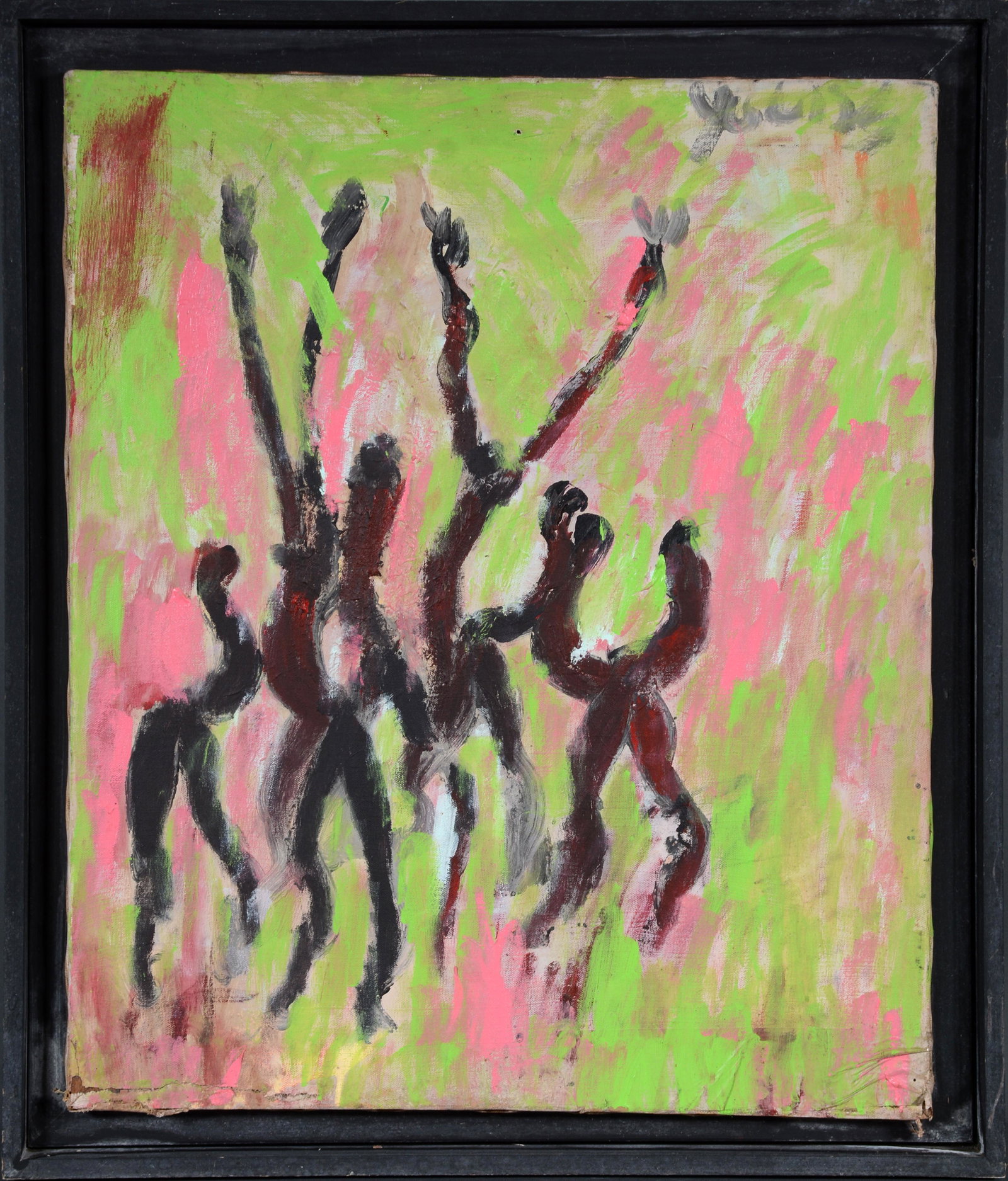 Purvis Young. Reaching To the Heaven.: Purvis Young. Reaching To the Heaven. Signed. Oil on canvas. Tear along bottom, otherwise good to fair condition. 23" w x 27" h with frame. Provenance: Gary Davenport Collection. Est. $700-1,000. Ship