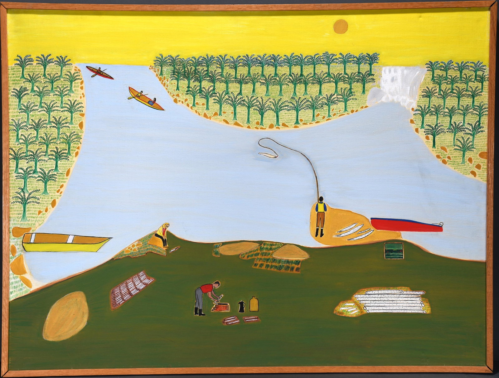 Antoinette Schwob. A Day On The Lake.: Antoinette Schwob. A Day On The Lake. 1979. Signed and dated on verso. Oil on canvas. Minor dent upper right, otherwise very good condition. Size with frame is 41" x 31". Provenance: Jay Johnson Galle