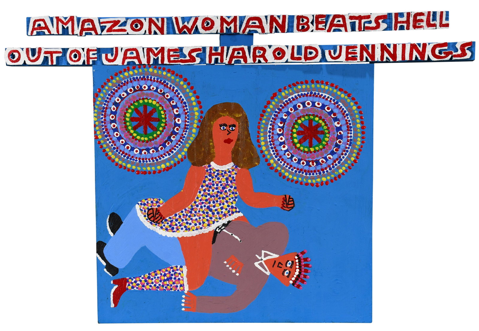 James Harold Jennings. Amazon Woman Beats Hell Out Of Jennings.: James Harold Jennings. Amazon Woman Beats Hell Out Of James Harold Jennings. Signed and titled. Paint on board. Excellent condition. 21" x 14". Est. $800-1,200. Ship: $65