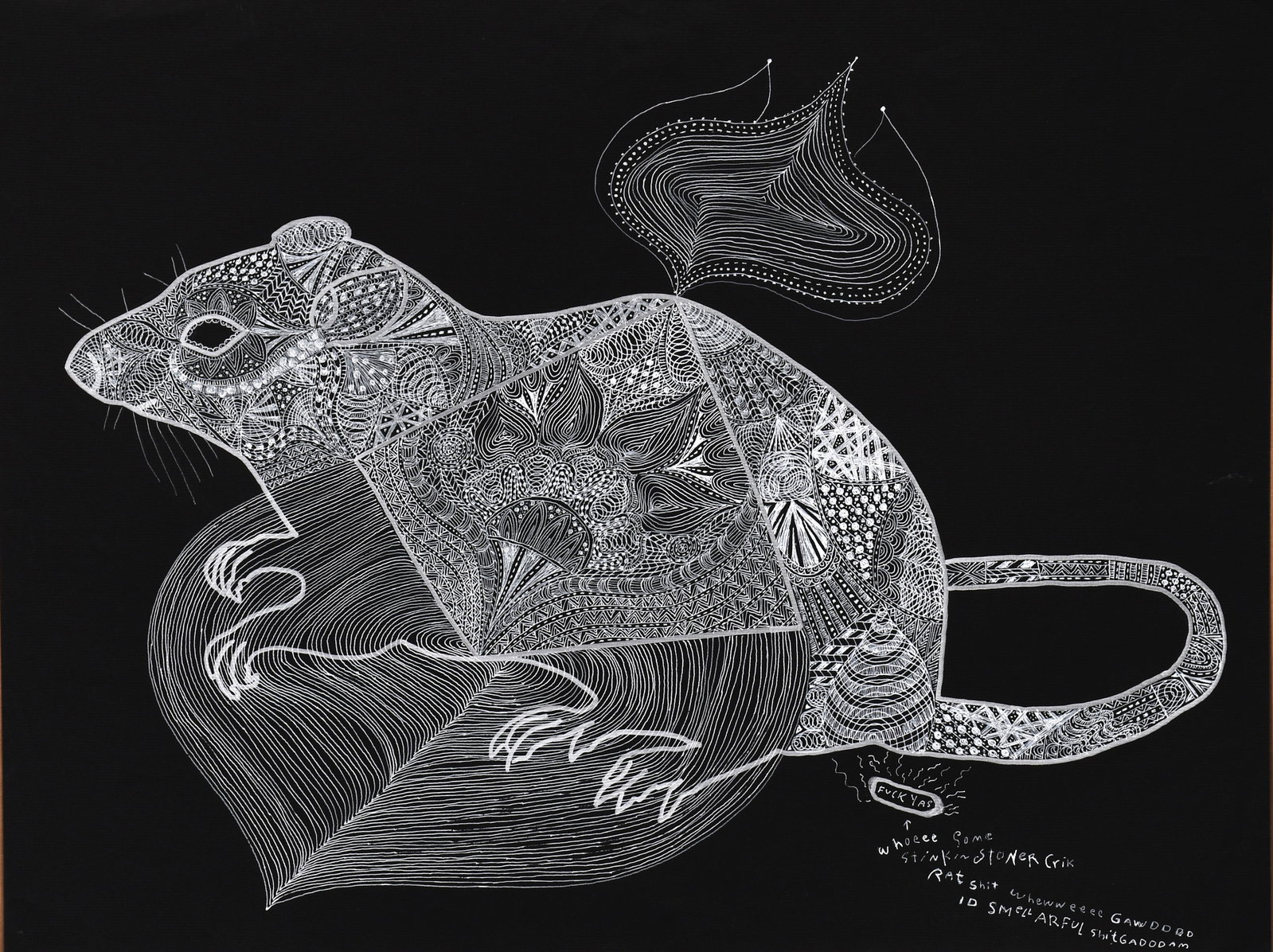 Bruce Burris. Fuck Yas Big Rat.: Bruce Burris. Fuck Yas (Big Rat). White ink on black paper. Excellent condition. 25" x 19". Est. $200-300. Ship: $45