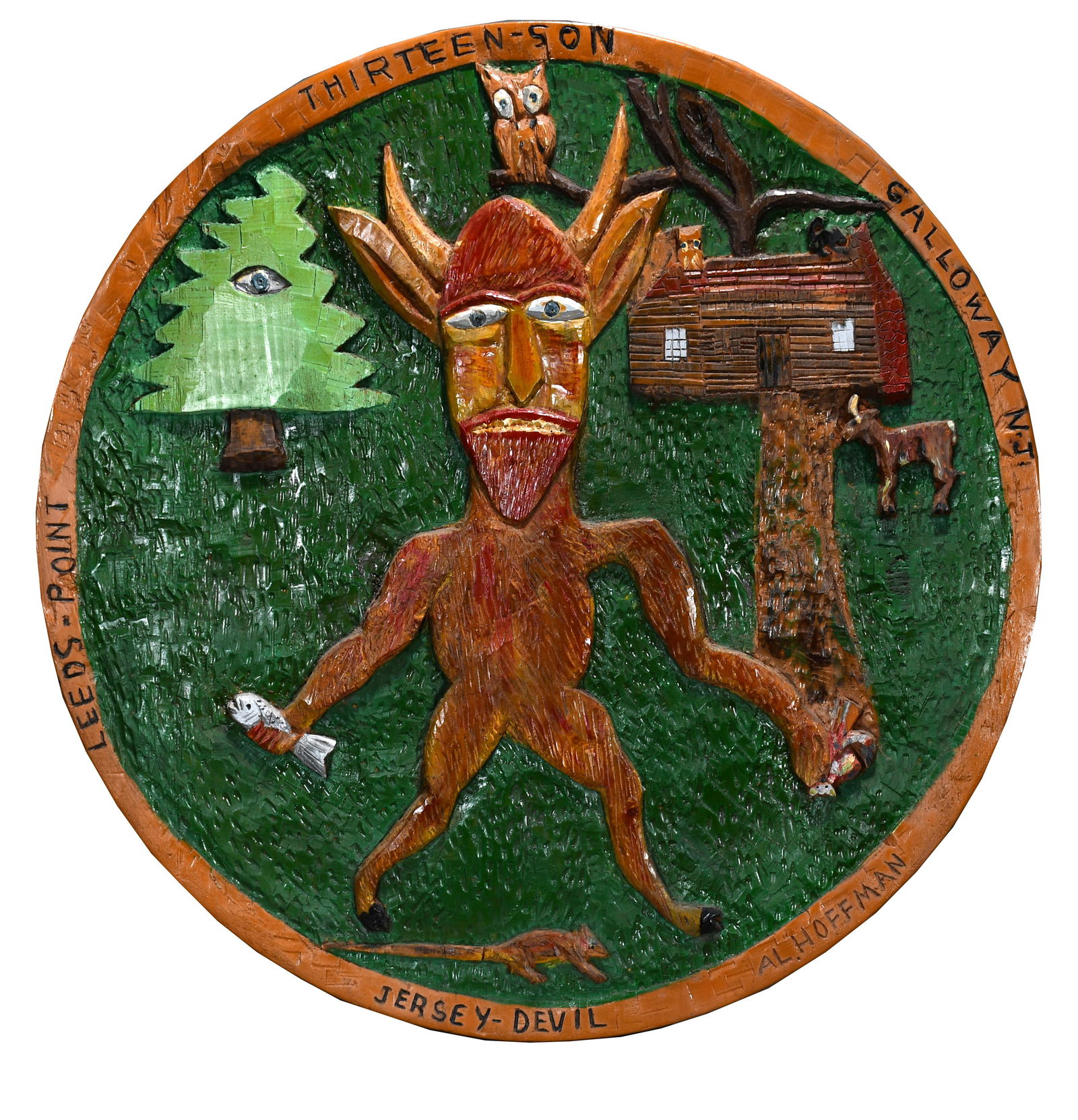 Albert Hoffman. Jersey Devil.: Albert Hoffman. (1915-1993). Jersey Devil. 1991. Signed, dated and titled. Carved and painted wood-relief. Excellent condition. 36" diameter. Provenance: Luise Ross Gallery. Est. $800-1,200. Ship: $20