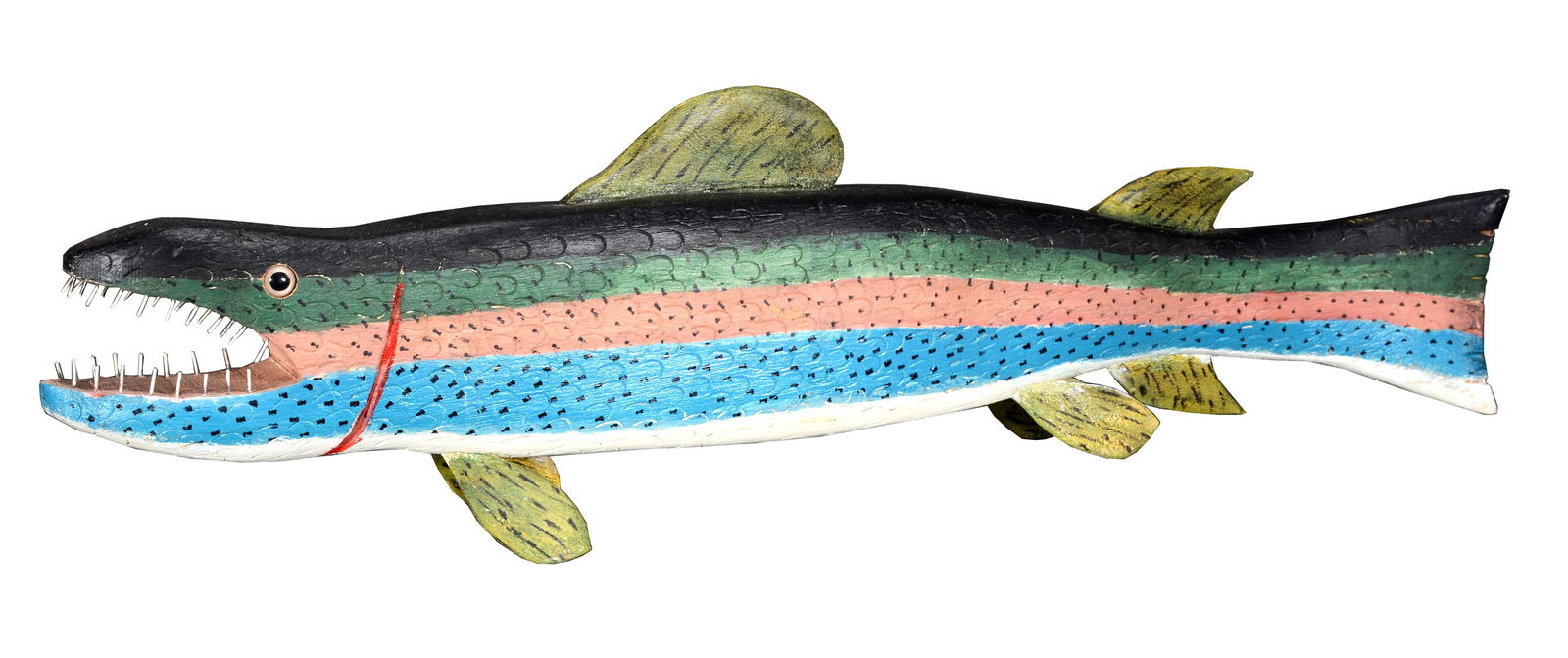 Miles Smith. Rainbow Trout With Teeth.: Miles Smith. Rainbow Trout With Teeth. Not signed or dated. Carved and painted wood, metal teeth and glass eyes. Excellent condition. 30" x 9" x 3". Est. $300-500. Ship: $85