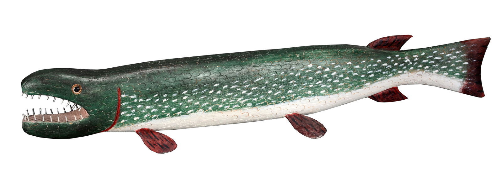 Miles Smith. Speckled Trout With Teeth.: Miles Smith. Speckled Trout With Teeth. Not signed or dated. Carved and painted wood, metal teeth and glass eyes. Excellent condition. 37" x 7" x 5". Est. $300-500. Ship: $85