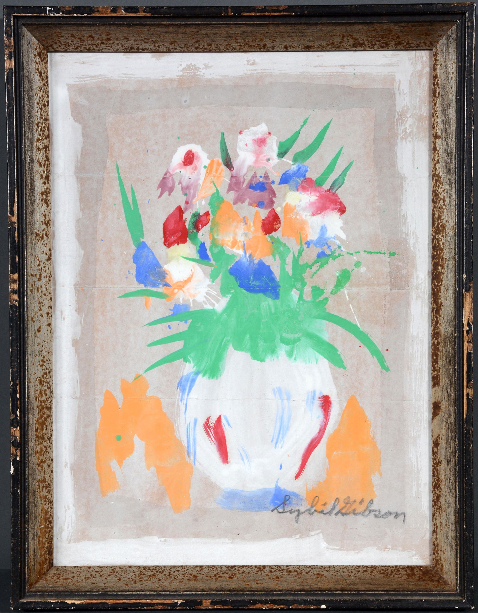 Sybil Gibson. Irises In A White Vase.: Sybil Gibson. Irises In A White Vase. Signed. Not dated. Watercolor on cardstock. Excellent condition. 14" w x 18" h with frame. Provenance: The Gary Davenport Collection. Est. $300-500. Ship: $55