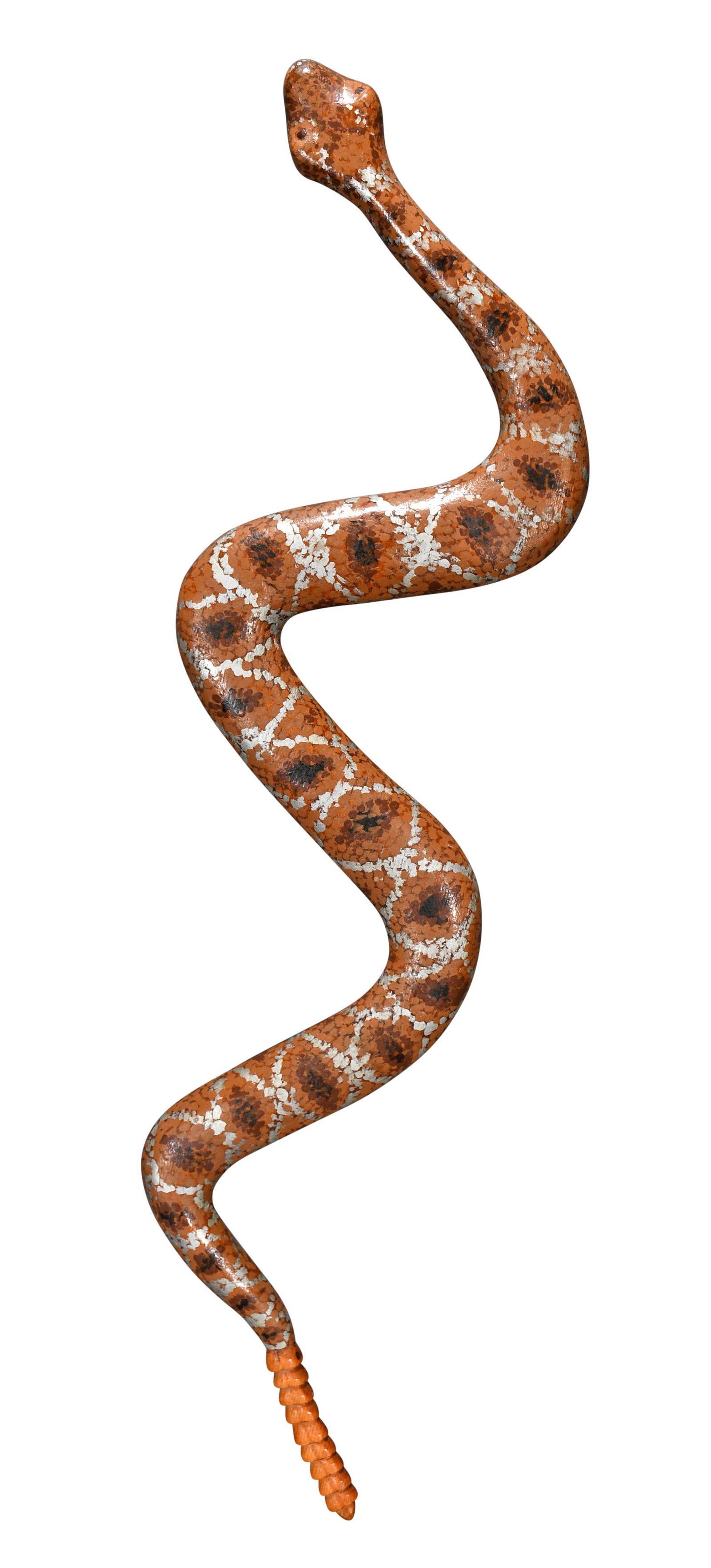 Oscar Spencer. Rattlesnake: Oscar Spencer (Attrib.). Rattlesnake Carved and painted wood. Excellent condition. 33" long. Provenance: The Russell and Barbara Bowman Collection. Est. $200-300. Ship: $55