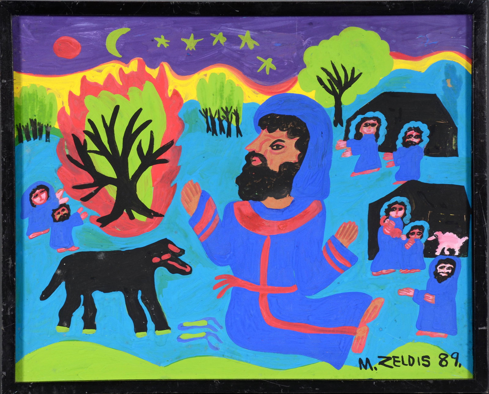 Malcah Zeldis. The Story of Moses.: Malcah Zeldis. The Story of Moses. 1989. Signed and dated. Paint on cardstock. Slight foxing, otherwise good condition. 21" w x 17" h with frame. Provenance: The Gary Davenport Collection. Est. $400-8