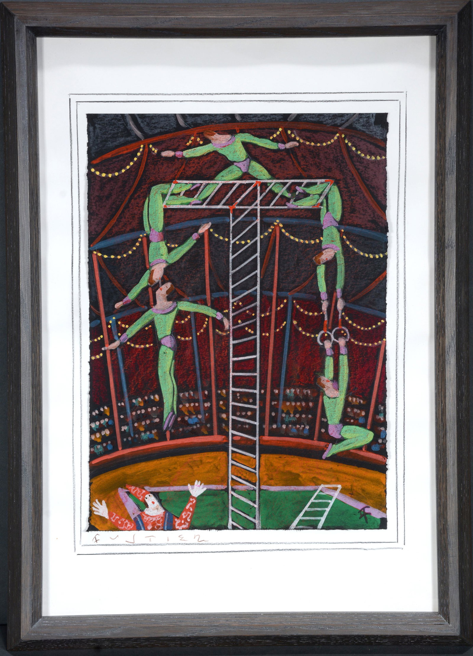 Georges Fustier. Acrobats In Balancing Art.: Georges Fustier. Fustier Acrobats In Balancing Act. Paint on black artist paper. Excellent condition. Image is 10" x 13.5". Frame is 15.5" x 21". Provenance: Barbara & Robert Hunter Collection. Est. $