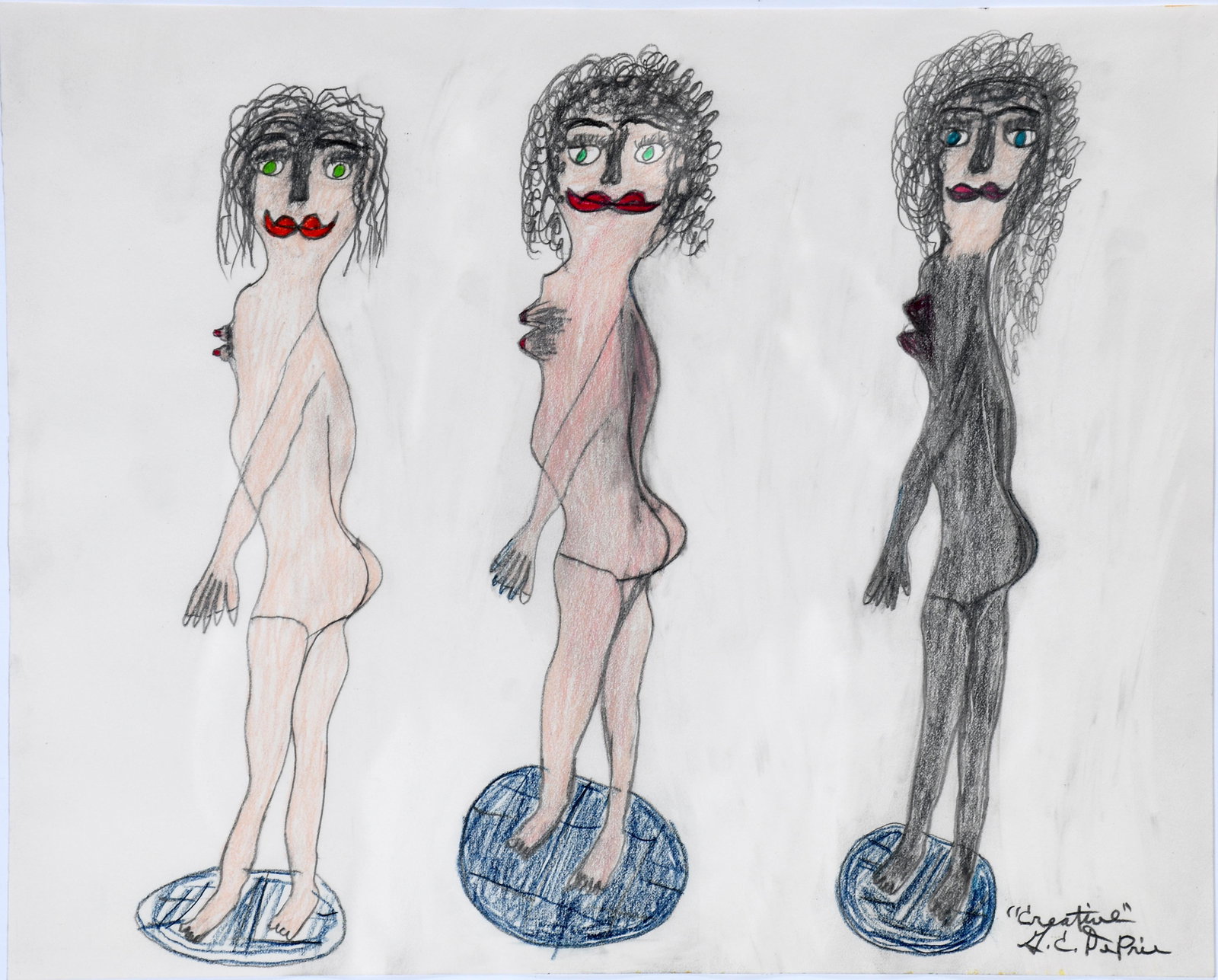 Creative G.C. DePrie. Three Nude Women.: Creative G.C. DePrie. Three Nude Women. Signed. Color pencil, graphite and crayon on paper. Excellent condition. Image is 14" w x 11" h. Frame is 20" w x 17" h. Provenance: Larry and Jane Schlachter C