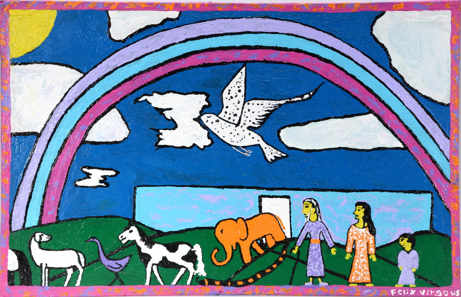 Felix Virgous. The First Rainbow.: Felix Virgous. The First Rainbow. Signed and titled. Paint on board. Excellent condition. 25" w x 16" h. Provenance: The Private Collection of Robert Cargo. Est. $200-400. Ship: $45