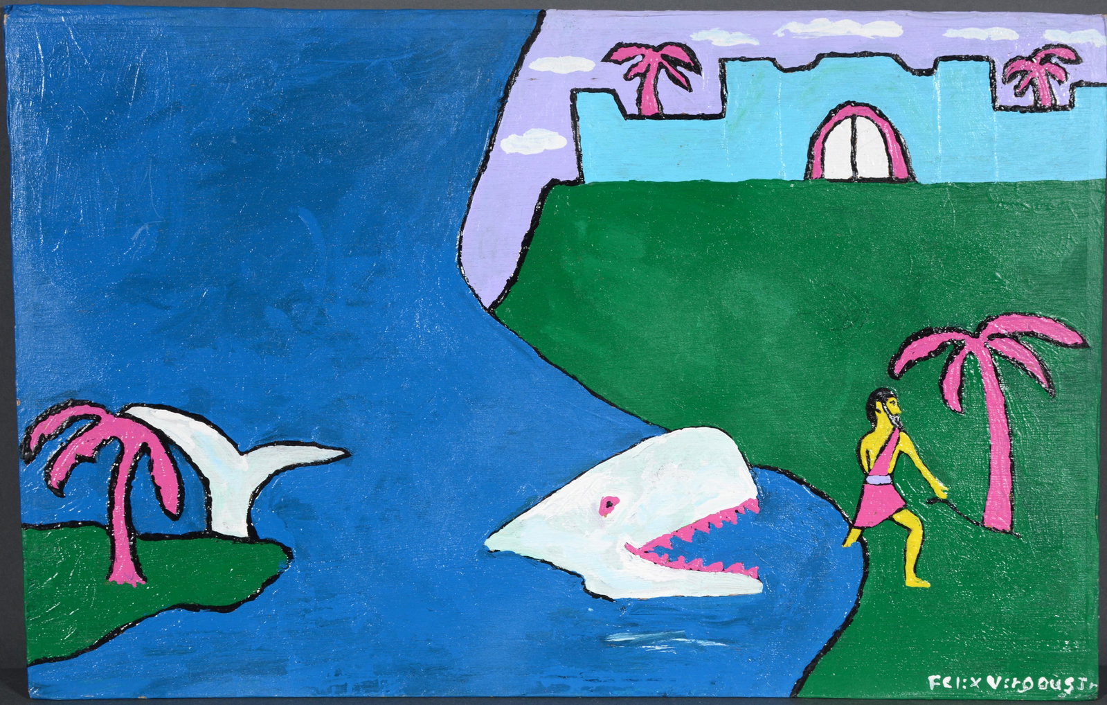 Felix Virgous. Jonah And The Whale.: Felix Virgous. Jonah And The Whale. Signed. Not dated. Oil on paneling. Excellent condition. 25" w x 16" h. Provenance: The Gary Davenport Collection. Est. $100-200. Ship: $45