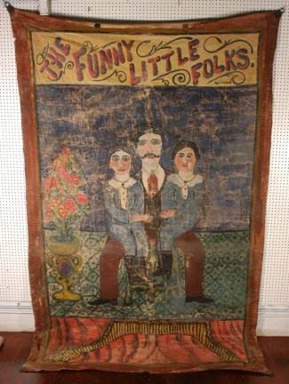 Circus Banner. Funny Little Folks.: Circus Banner. Funny Little Folks. c. 1900-20’s. Paint on canvas with original leather straps and metal rings. Some crazing and paint loss, but overall, great environmental condition. Not signed. 75