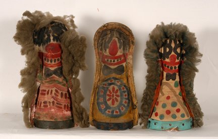 3 Knock-Down Dolls.: Anonymous Three Knock-Down Dolls. c. 1950’s. Wood base with heavy painted canvas and wool hair. Each is double-sided and painted. Average size is 10”h. Provenance: The George and Sue Viener. Est. 
