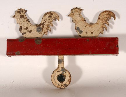 Rooster w Dangling Carnival Shooting Target.: Carnival Shooting Targets. Rooster With Dangling Target. Steel, spring, some paint. Well-used. Excellent condition. 11”w x 8” h. Est. $200-400. Ship: $35