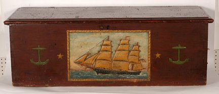 Whaling Ship Sea Captains Trunk.: Object From Whaling Ship Sea Captains Trunk. c. 17th-18th century. Carved wood trunk with wood relief decorations depicting 3 mast sailing ship, flanked by stars and anchors. Cotter pin hinges, rope b