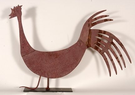 Anonymous Red Rooster Weathervane.: Anonymous Red Rooster Weathervane. c. 1900’s-20’s. Hand-forced metal, flat sheet metal, paint. Rusted and weathered with heavy paint crazing. Good condition. 38”long x 27” h. Provenance: The G