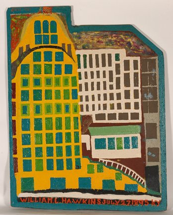 William Hawkins. AIU Citadel.: William Hawkins. AIU Citadel. June 6, 1982. Enamel on paneling with glitter. Signed, dated with birthdate. 39” w x 50” h. Excellent condition. Provenance: ex. Collection of Roger McClane of Columb