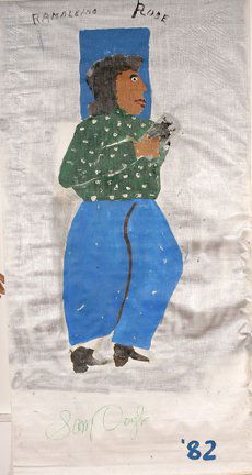 Sam Doyle. Rambleing Rose (sic).: Sam Doyle. Rambleing Rose (sic). Oil on windowshade. Signed and dated, 1982. Two tears, both at Rose’s hand where a can was originally attached. Also some small tears at lower right edge by date. 35