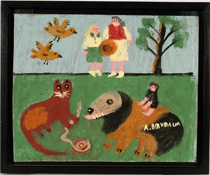 Aaron Birnbaum. Cat & Dog w Mom & Daughter.: Aaron Birnbaum. Cat & Dog with Mom & Daughter. Acrylic on found masonite. Signed. Excellent condition. Image is 19.5” w x 15.5” h. Frame is 22” w x 18”h. Est. $2,000-3,000. Ship: $45
