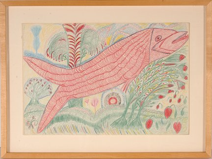 Nellie Mae Rowe. Red Fish.: Nellie Mae Rowe. Red Fish. Colored pencil on paper. Not signed. Excellent condition. Image is 18” w x 12” h. Frame is 22” w x 17” h. Provenance: Cavin-Morris Gallery, ex. Herbert H