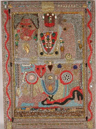 Simon Sparrow. Untitled.: Simon Sparrow. Untitled. 1982. Jewels, glitter, and mixed media on heavy board. Signed and dated. Excellent condition. This is a true Sparrow Masterpiece! 33” x 46”h x 4”d. Est. $2,000-4,000. Sh
