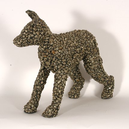 Mary Engel. Fools Gold Dog.: Mary Engel. Fools Gold Dog. Pyrite rock and other mixed media on stone dog. Not signed. Excellent condition. 12” x 4.5” x 10”h. Donated to benefit the Assistance League. Assistance League helps 