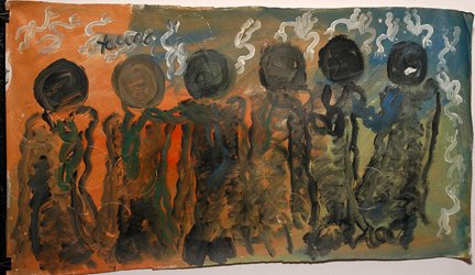 Purvis Young. 6 Paint Can Top Figures.: Purvis Young. Six Paint Can Top Figures. Paint on unstretched canvas. Signed. Excellent condition. 72” w x 42”h. Provenance: The George and Sue Viener Collection. Est. $1,000-1,500. Ship: $45