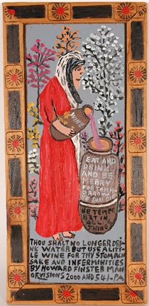 Howard Finster. Eat, Drink & Be Merry, #2,541.: Howard Finster. Eat and Drink And Be Merry, #2,541. 1982. Enamel on board. Signed, dated and numbered. Excellent condition. Artist made frame. 5.5” w x 11.5”h. Est. $1,000-2,000. Ship: $35