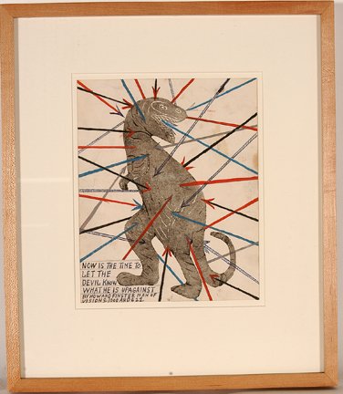 Howard Finster. Let The Devil Know, #1,622.: Howard Finster. Now Is the Time To Let The Devil Know What He Up Against, #1,622. Ink, paint and monoprint. Excellent condition. Image is 8” w x 10”h. Frame is 15” w x 17”h. Provenance: Cavin-