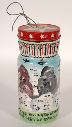 Howard Finster. Coffee Jar, #3,911.: Howard Finster. Maxwell House Coffee Jar, #3,911. 1984. Paint on glass jar. Signed, dated and numbered. Excellent condition. 7.5”h. Est. $300-500. Ship: $35