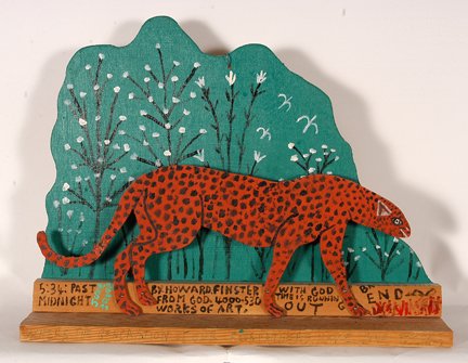 Howard Finster. Cheetah, #4,530.: Howard Finster. Cheetah With Background, #4,530. 1985. Paint and marker on cut-out board. Excellent condition. 19.5” w x 3.5”x 15”h. Est. $500-800. Ship: $45