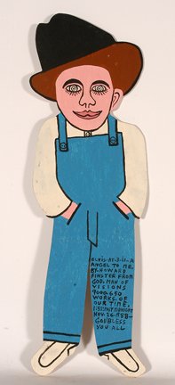 Howard Finster. Elvis At 3 Years, #9,650.: Howard Finster. Elvis At 3 Years, #9,650. 1988. Paint on cut-out panel. No marker. Signed, dated and numbered. Excellent condition. 9” w x 30”h. Est. $600-900. Ship: $45