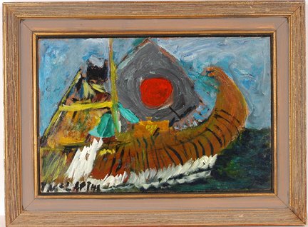 Justin McCarthy. Kon Tiki.: Justin McCarthy. Kon Tiki. Oil on masonite. 24” w x 15.5” h. 31” w x 23”h with frame. Est. $1,000-2,000. Ship: $45