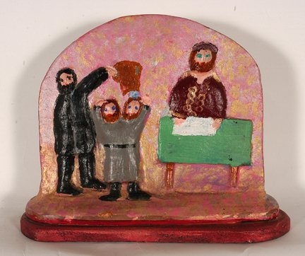 Harry Lieberman. Jewish Scene.: Harry Lieberman. Double-Sided Jewish Scene. Carved and painted plaster. Signed in Hebrew on one side. Excellent condition. Rare find. 13” x 10” x 4”. Est. $800-1,200. Ship: $45