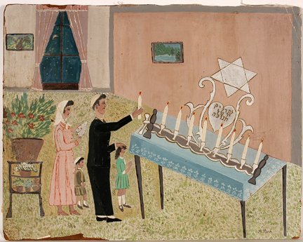 M. Mark. Lighting The Menorah.: M. Mark. Lighting The Hannukah Menorah. c. 1950’s. Paint on canvas, backed to masonite. Signed. Some condition problems around edge, otherwise good to fair condition. 24” w x 28” h. Est. $300-50