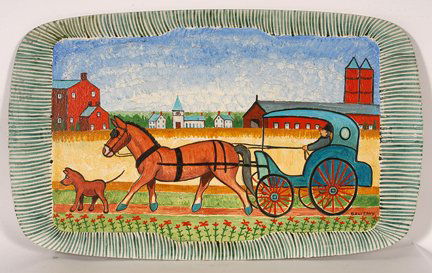 Jack Savitsky. Amish Horse and Cart.: Jack Savitsky. Amish Horse and Cart. c. early 1970’s. Oil on wood tray. Signed. Excellent condition. 26” x 16”. Est. $1,000-1,500. Ship: $45