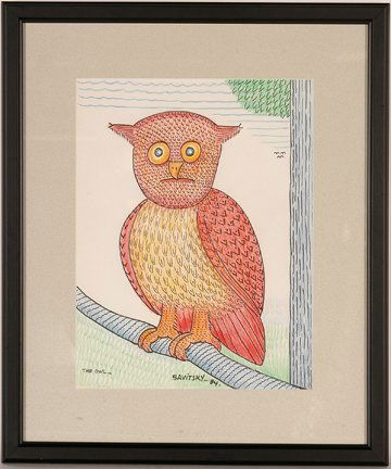 Jack Savitsky. The Owl.: Jack Savitsky. The Owl. 1984. Colored pencil and ink on paper. Signed and dated. Excellent condition. Image is 10”w x 13”h. Frame is 15”w x 18”h. Provenance: The George and Sue Viener Collecti